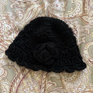 Elegant Black Crochet Hat with Flower Accent